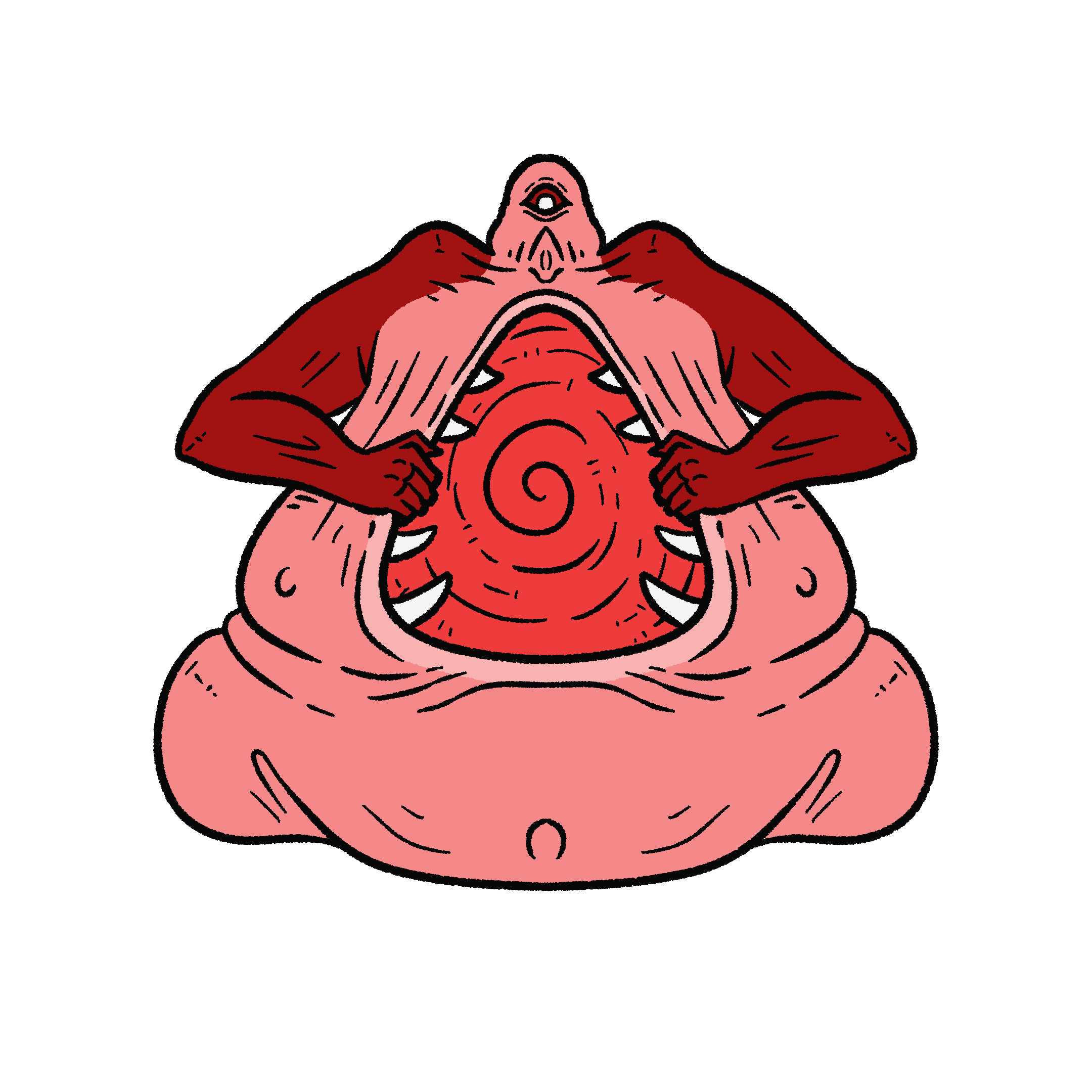 Illustration of a large pink humanoid creature, its dark red arms are pulling open its chest to reveal a swirling portal of blood inside its ribcage.